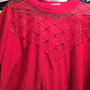 Ashley Stewart Vibrant Red Knit Sweater Top. With See Through Beaded Top